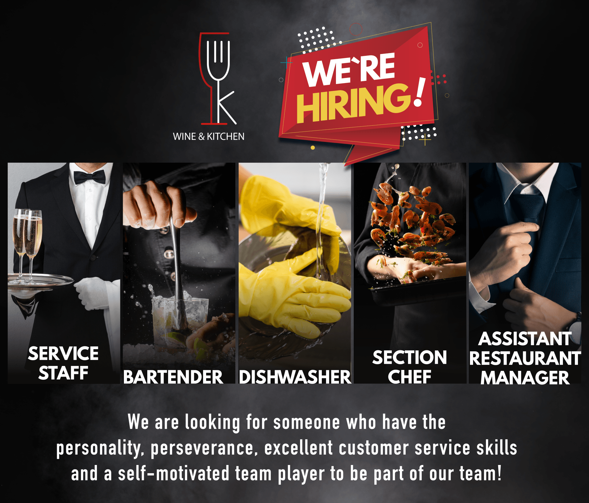 We're looking for experienced kitchen staff and bartenders to join