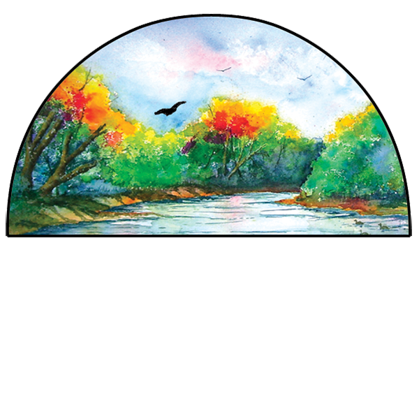 A painting of a river surrounded by trees and birds