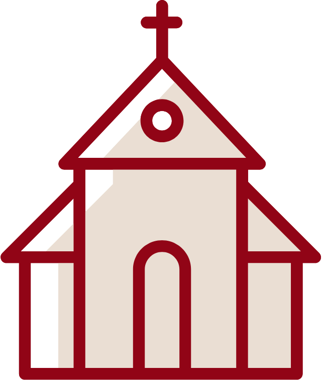 Red and beige cartoon church building with a cross on top.