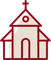 Red and beige cartoon church building with a cross on top.
