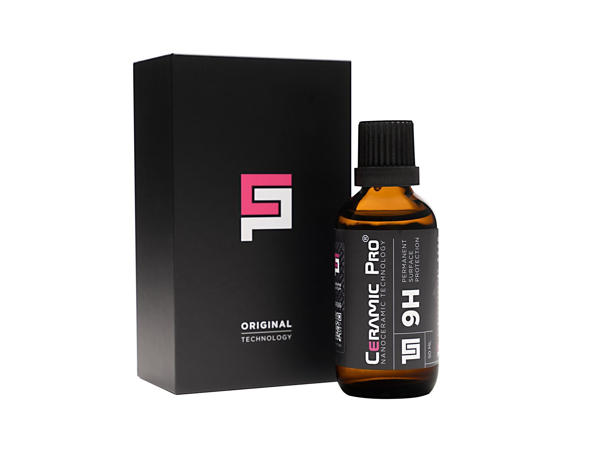 A bottle of ceramic pro next to a box on a white background.