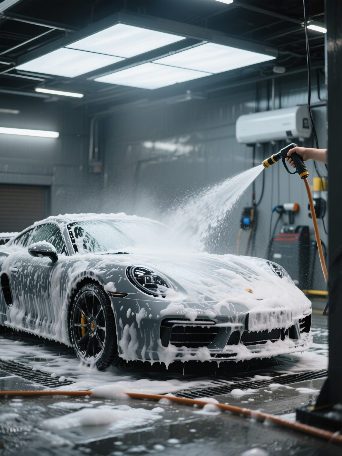 Sports car being washed with a pressure hose in a foam-covered auto detailing bay