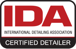 IDA Certified Detailer badge with red logo and black text on white background