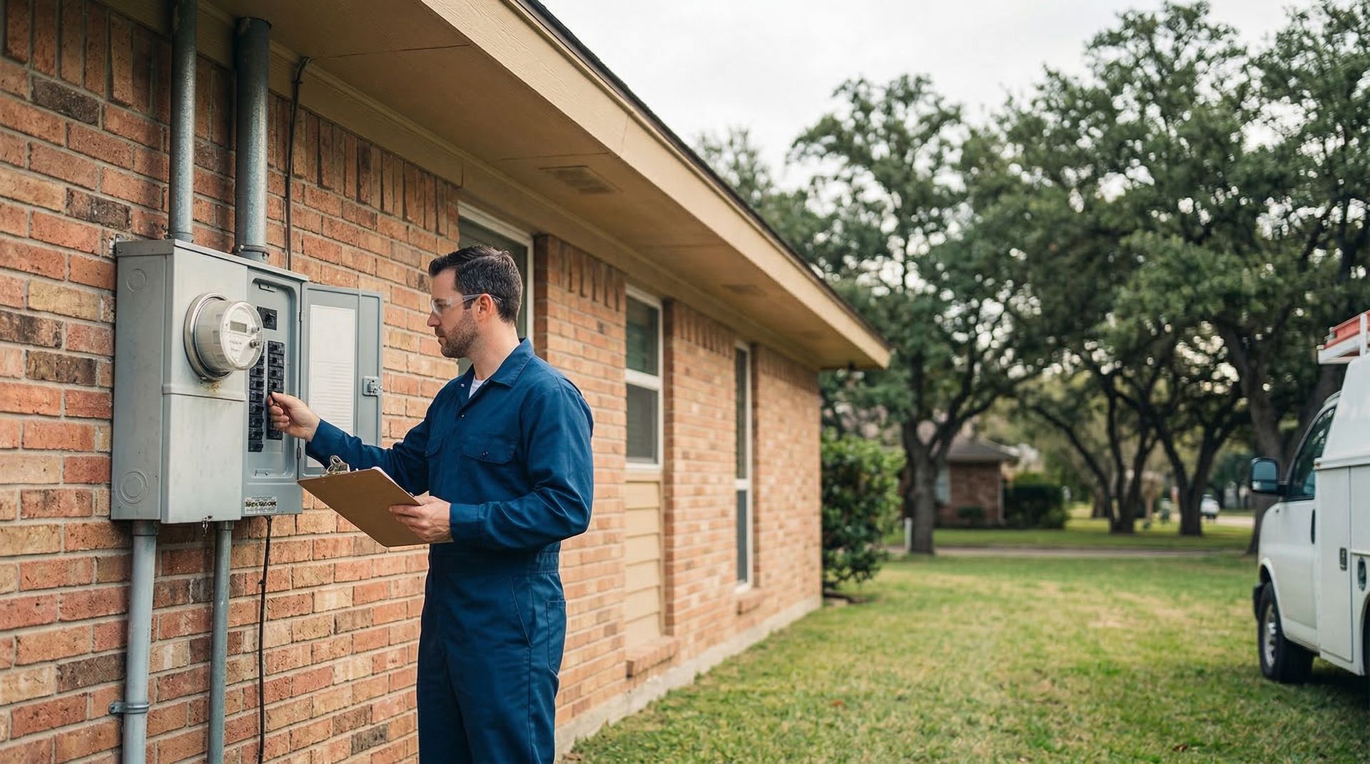 Wide shot of a male electrician in a blue uniform and safety glasses with a clipboard inspecting