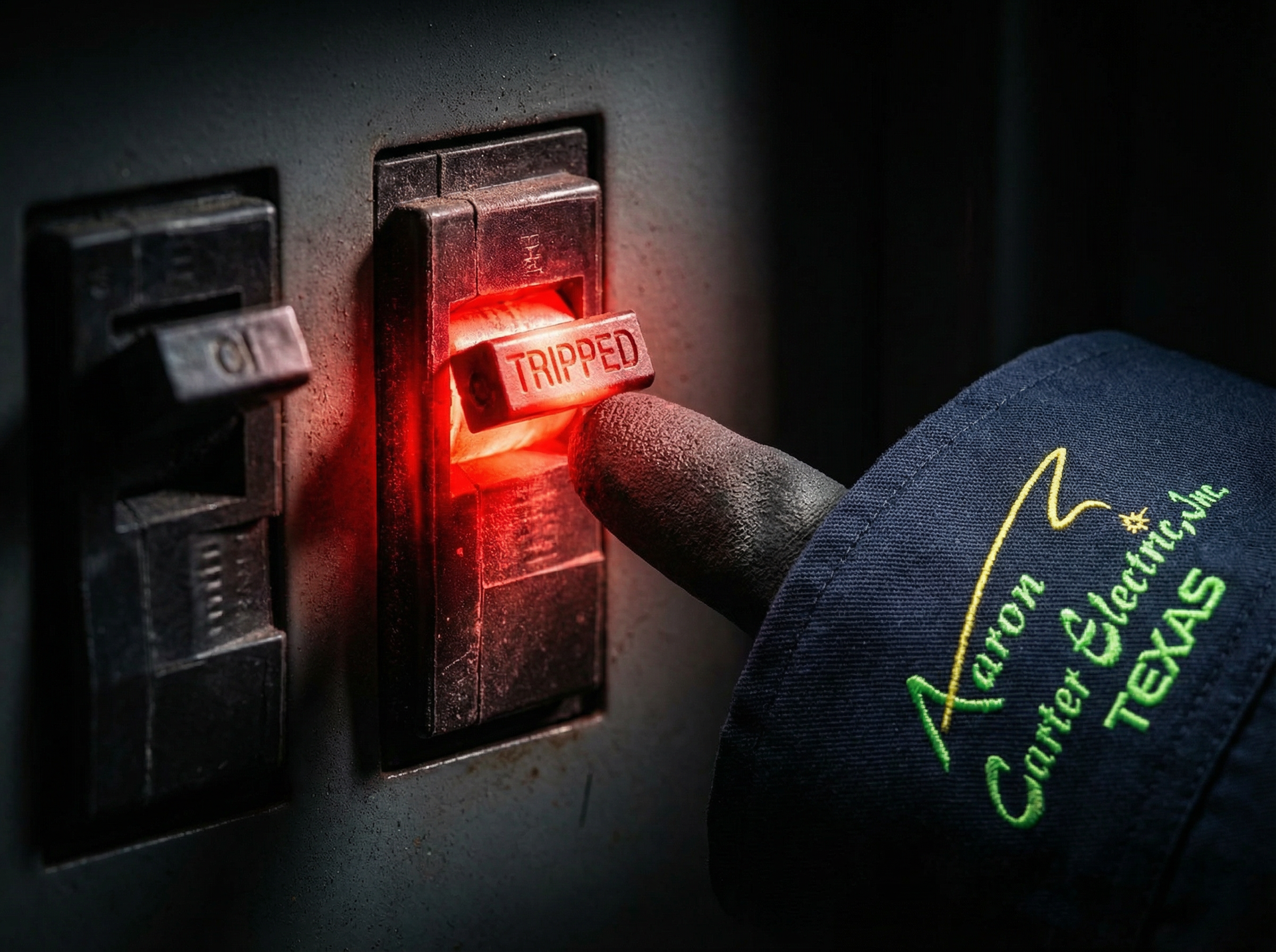 Houston electrician inspecting residential circuit breaker panel for troubleshooting tripping issues