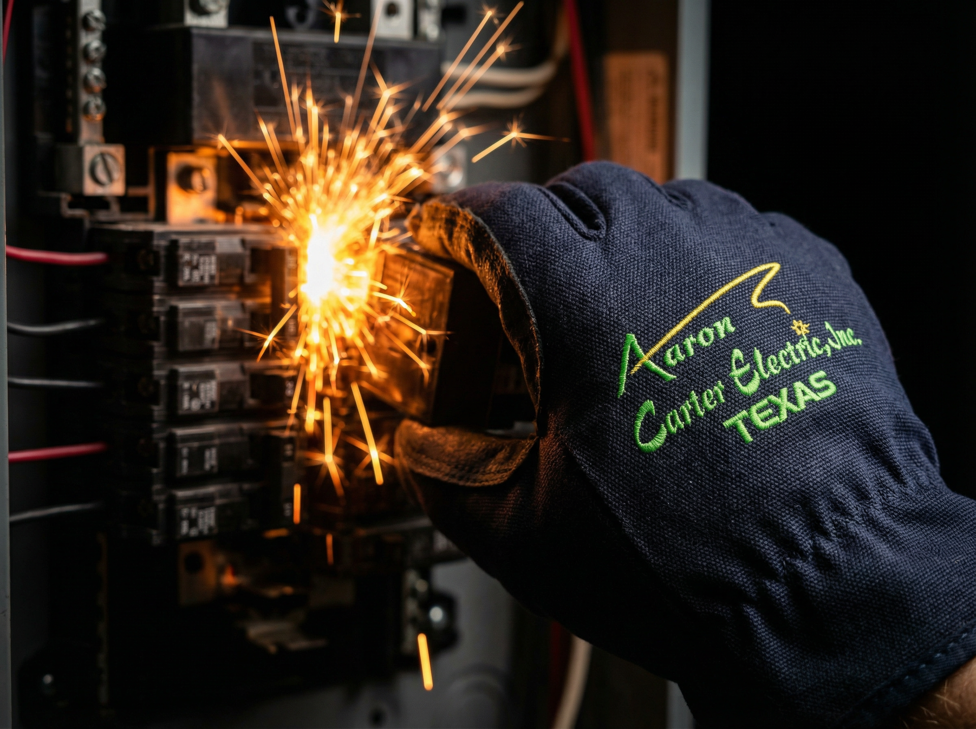 Emergency electrical repair technician working on electrical panel in Houston home