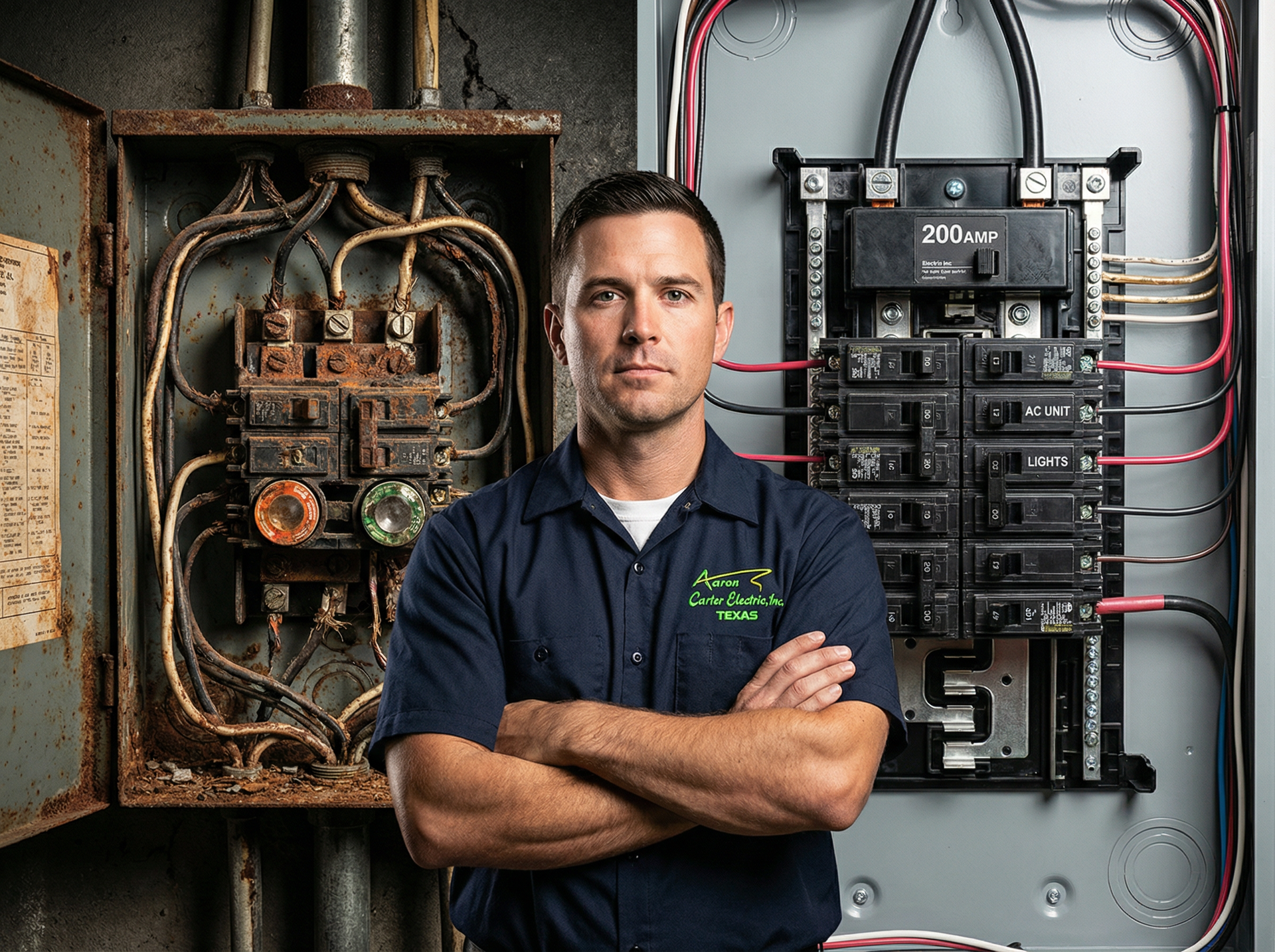 Professional electrician installing modern electrical panel upgrade in Houston home