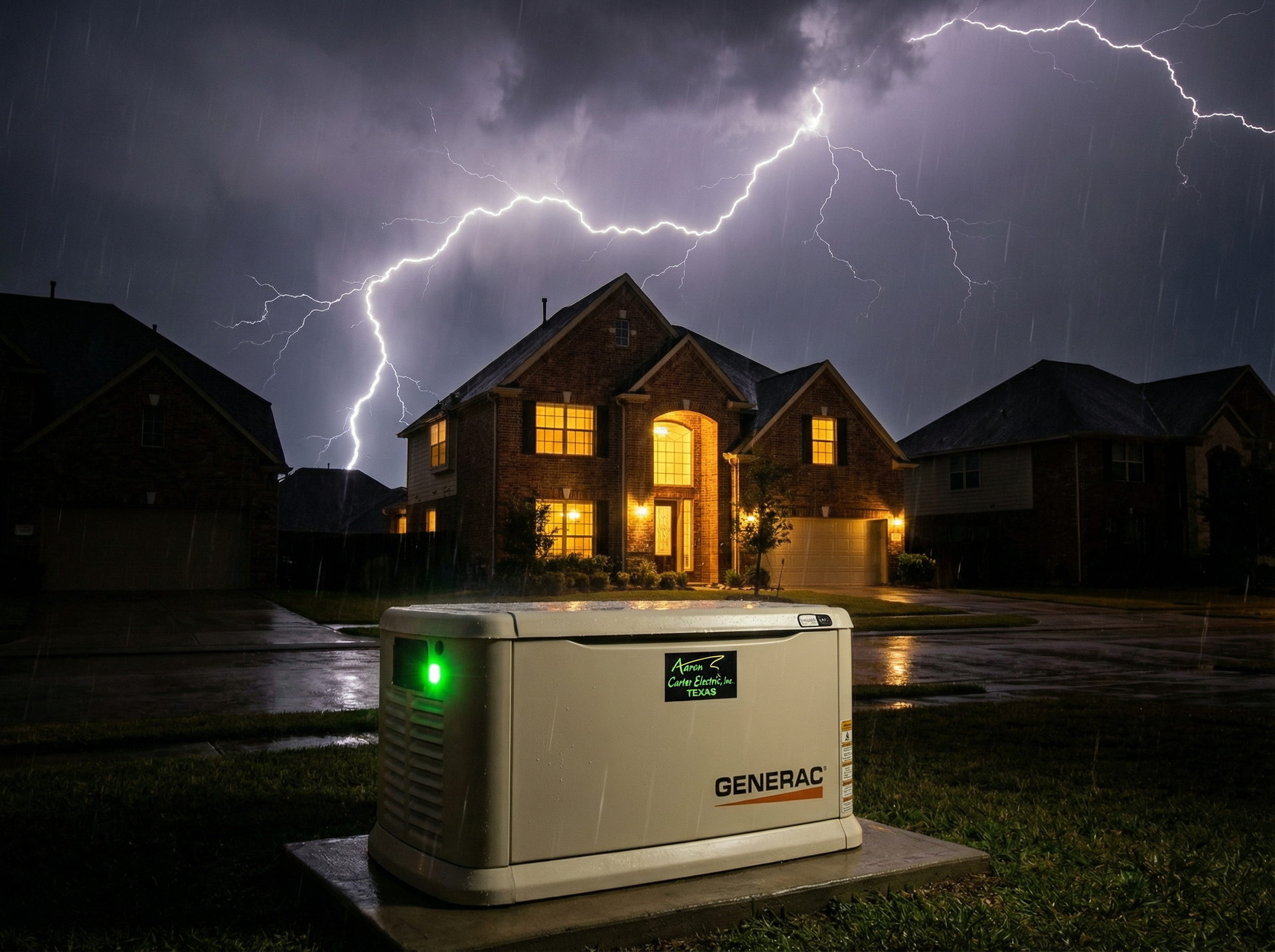 Whole house standby generator installed outside Houston home by Aaron-Carter Electric