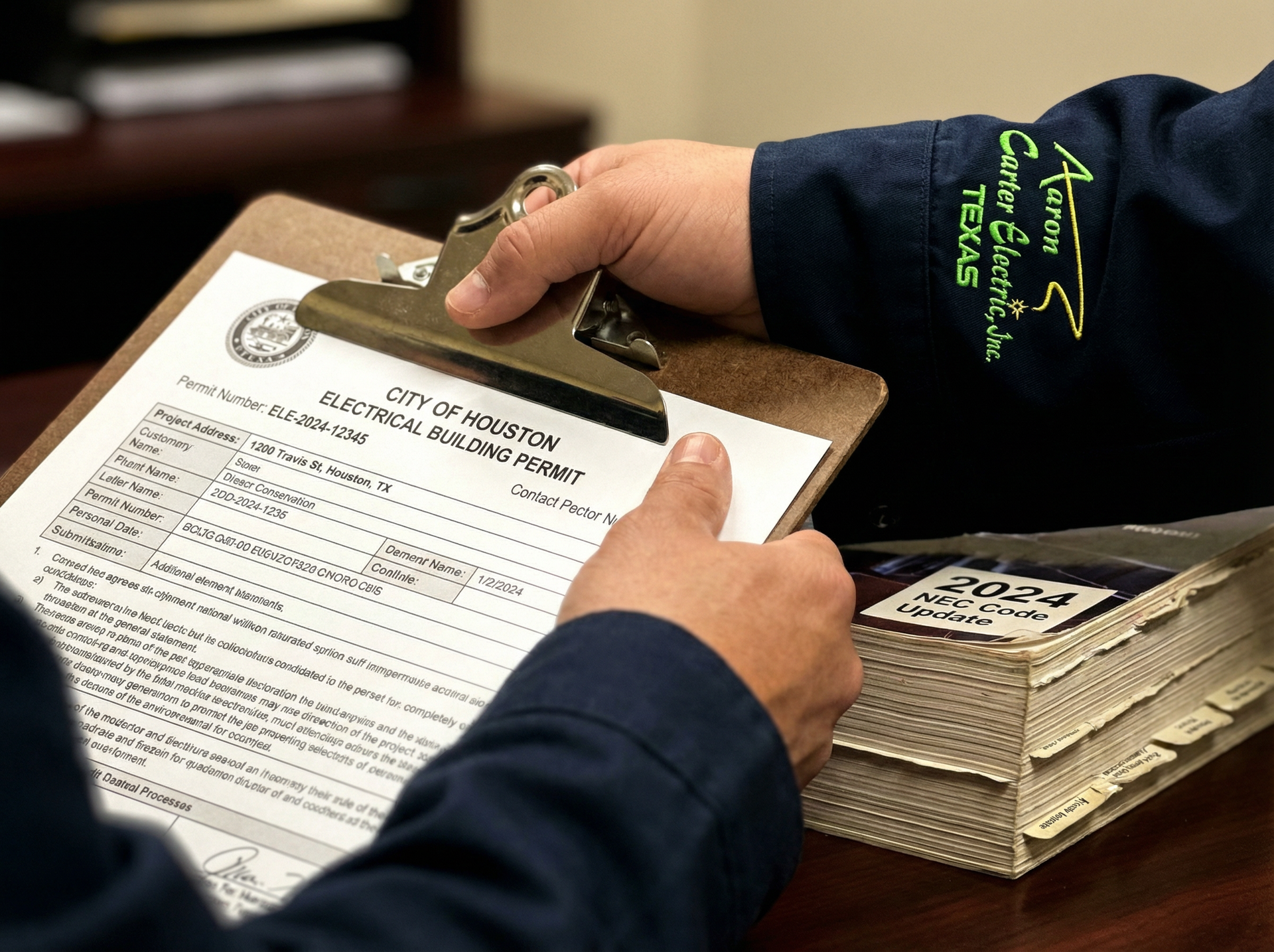 Licensed electrician reviewing Houston electrical code requirements with homeowner during consultati