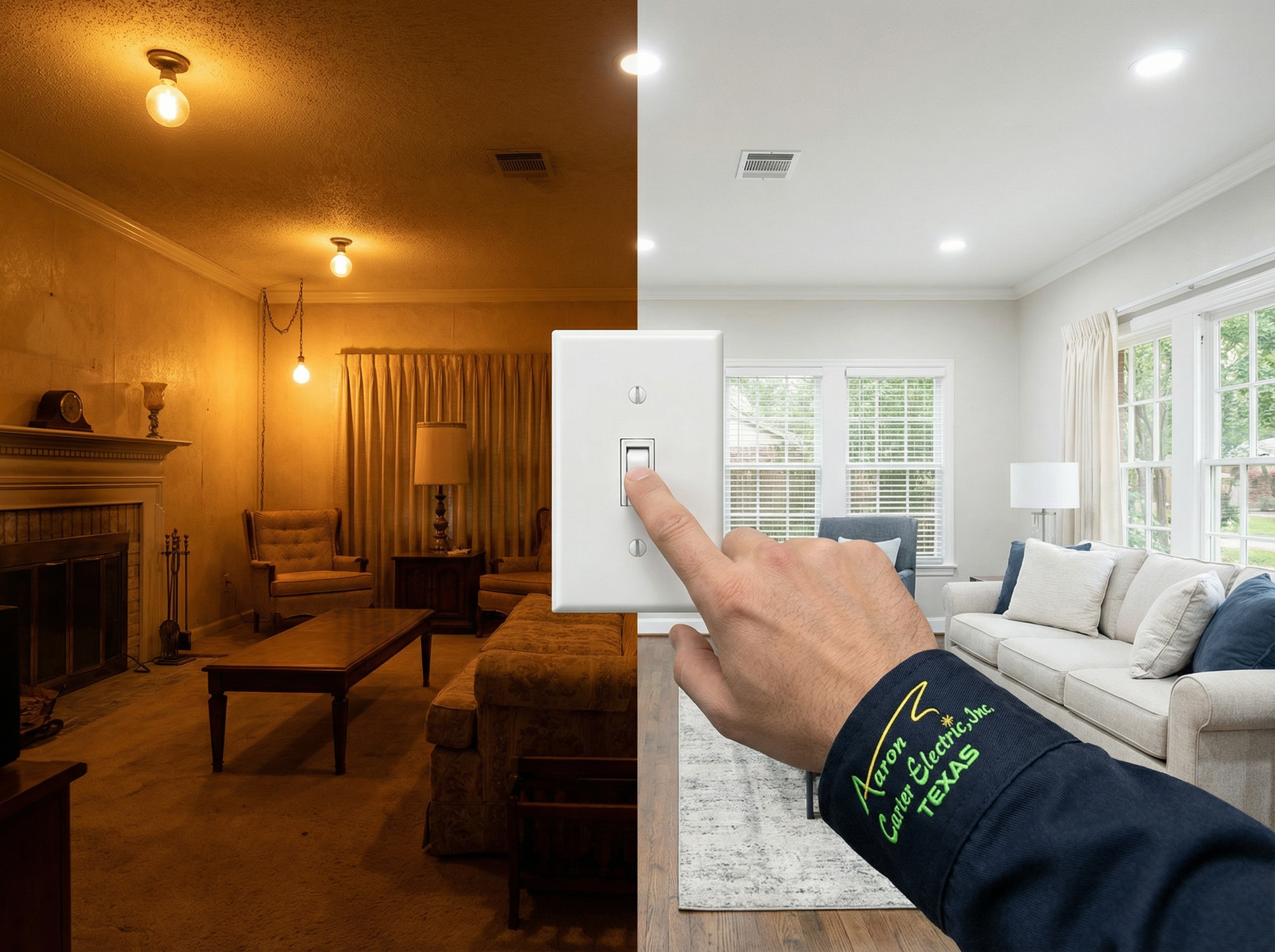 Professional electrician installing LED retrofit lights in Houston home to reduce electric bills