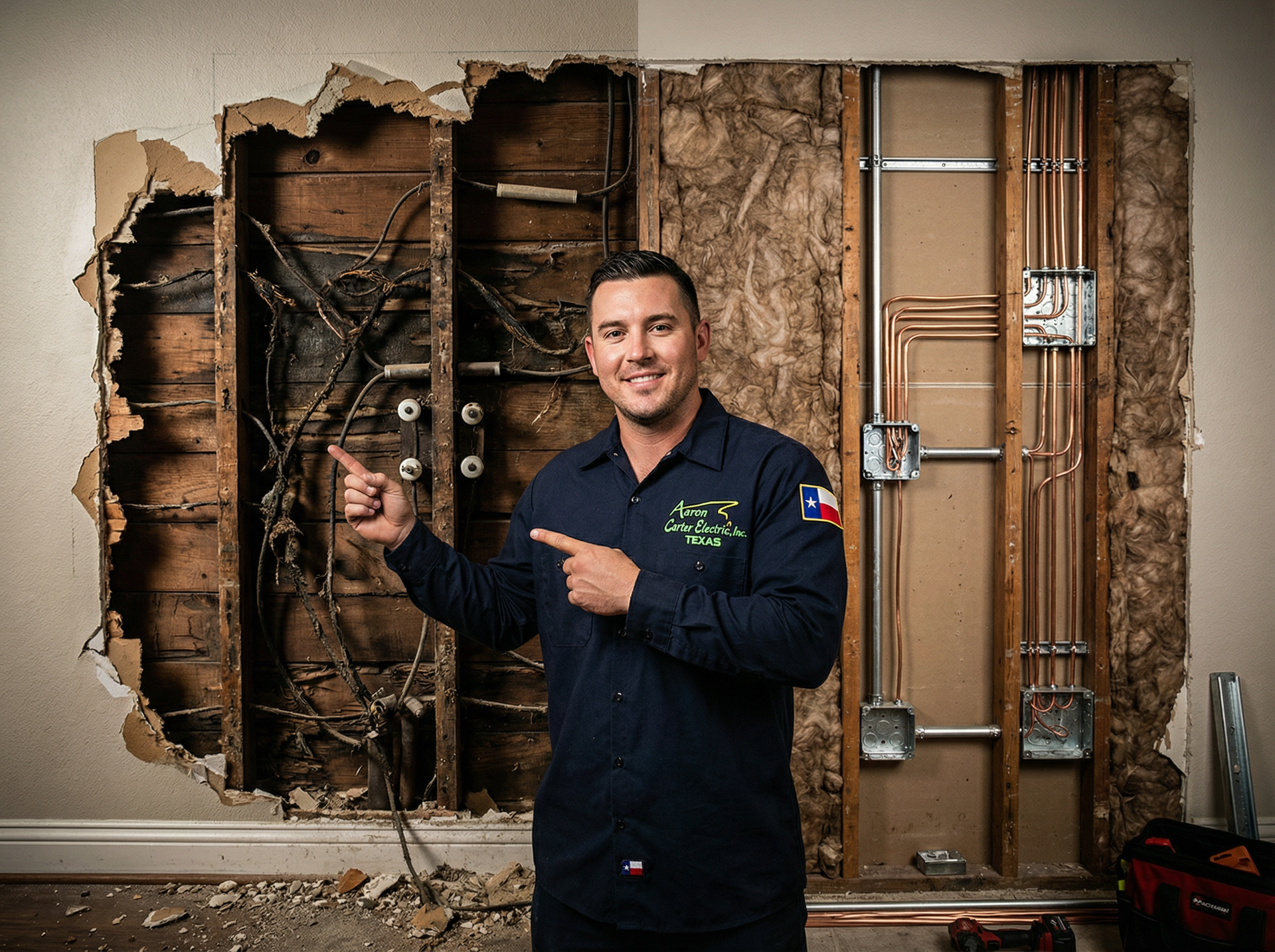 Houston electrician inspecting outdated electrical panel during home rewiring assessment