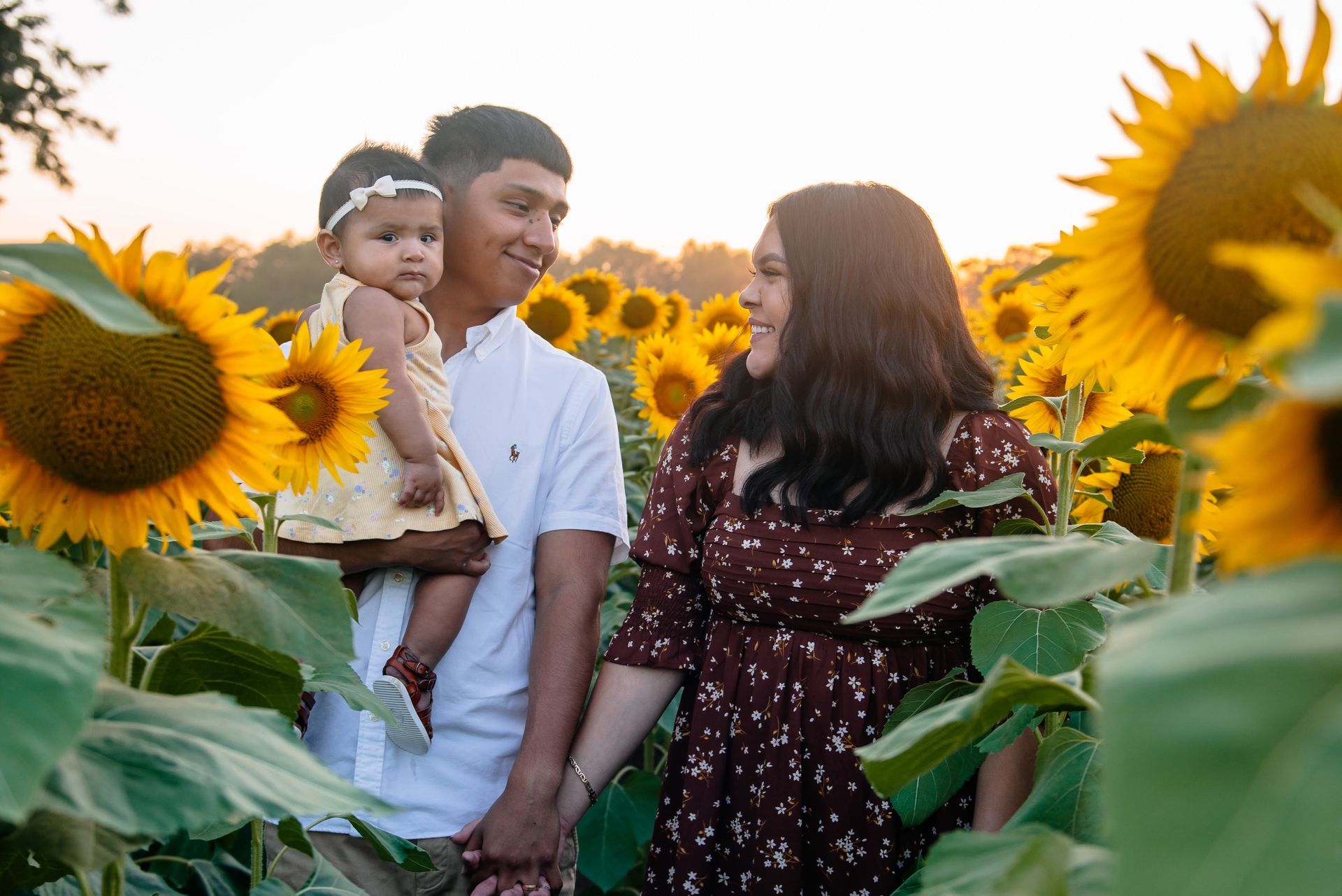 A family is standing in a field of sunflowers holding a baby.