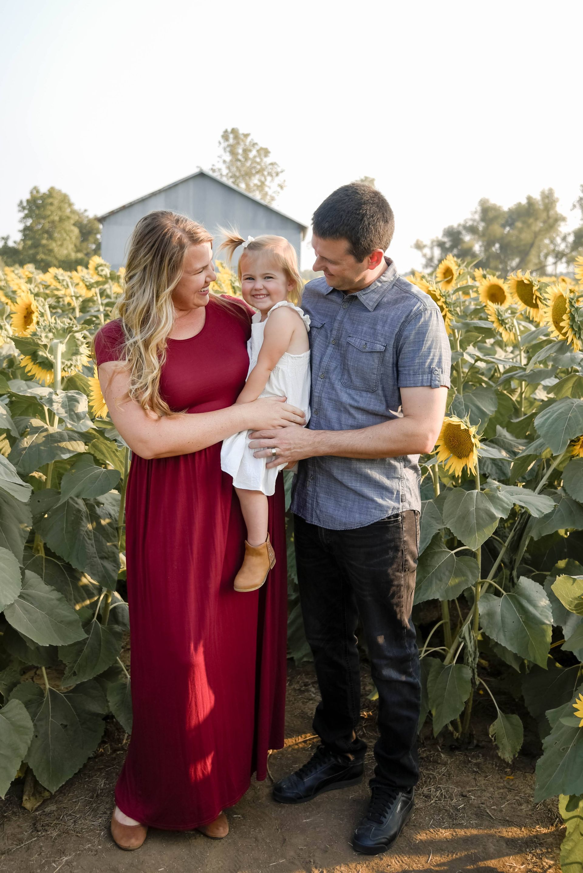 A family is posing for a picture in a field of sunflowers.