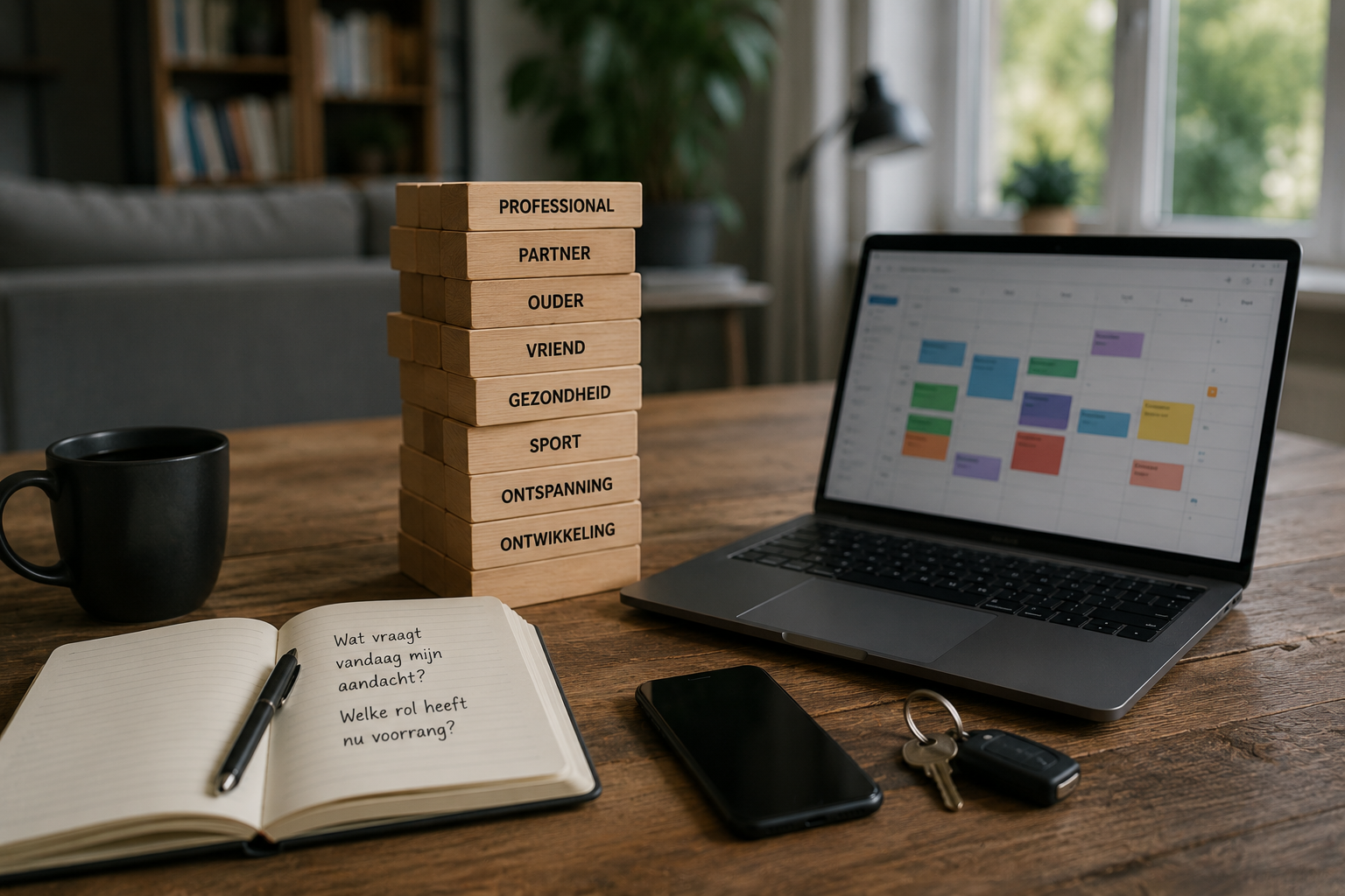 Houten blokken met verschillende levensrollen zoals professional, partner en gezondheid staan op een