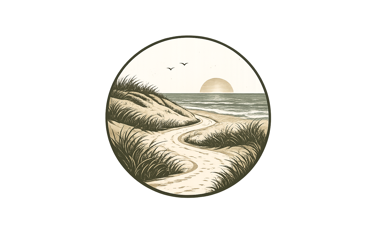 Rond strandtafereel met duinen, een kronkelend pad, oceaangolven, vogels en een laagstaande zon.