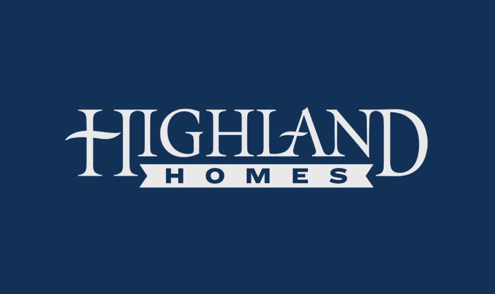 The logo for highland homes is on a blue background