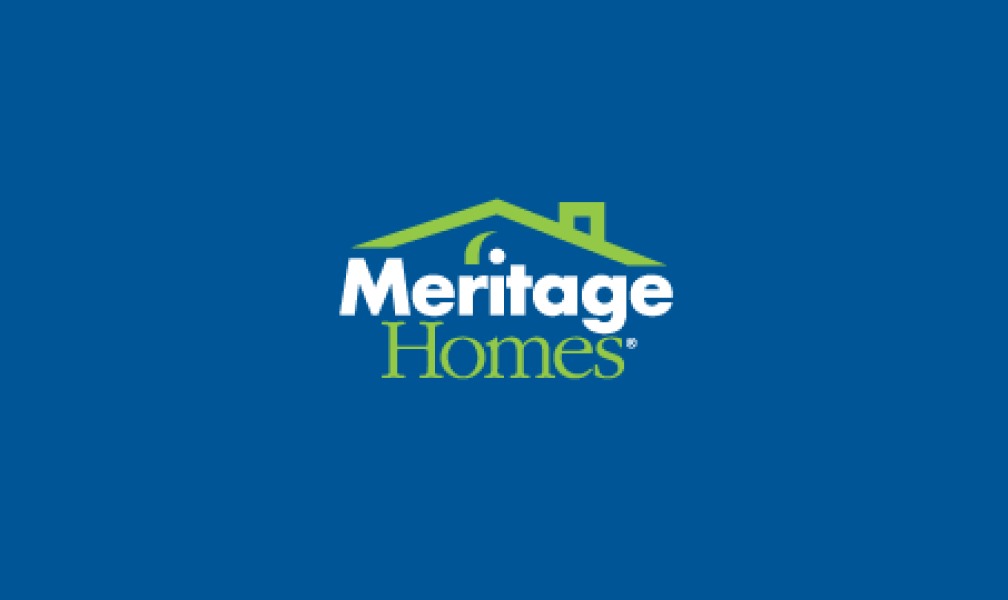 The meritage homes logo is on a blue background.