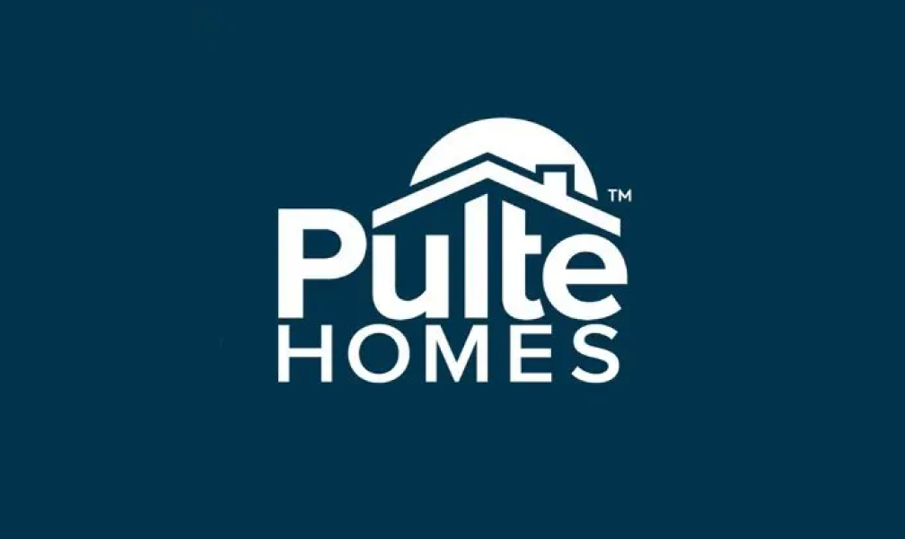 The pulte homes logo is on a blue background.