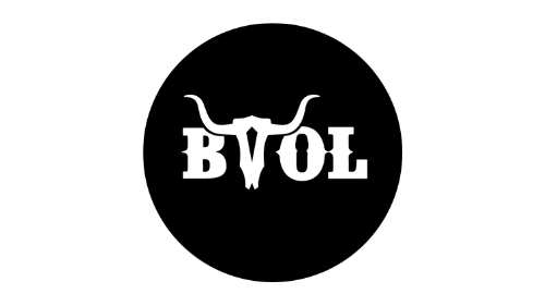A black and white logo with a bull skull and the word bvol in a circle.