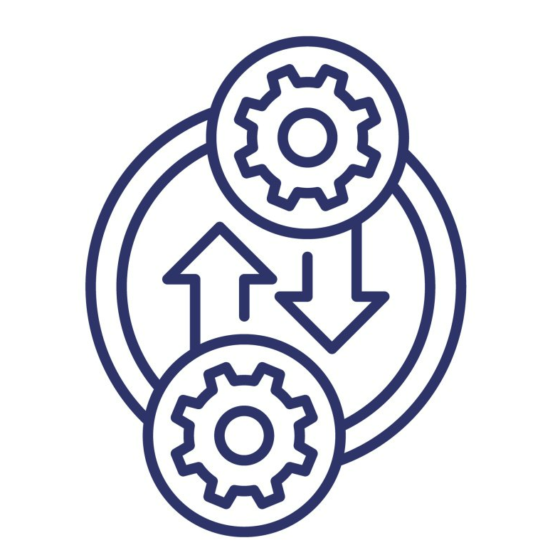 A line icon of gears and arrows in a circle.