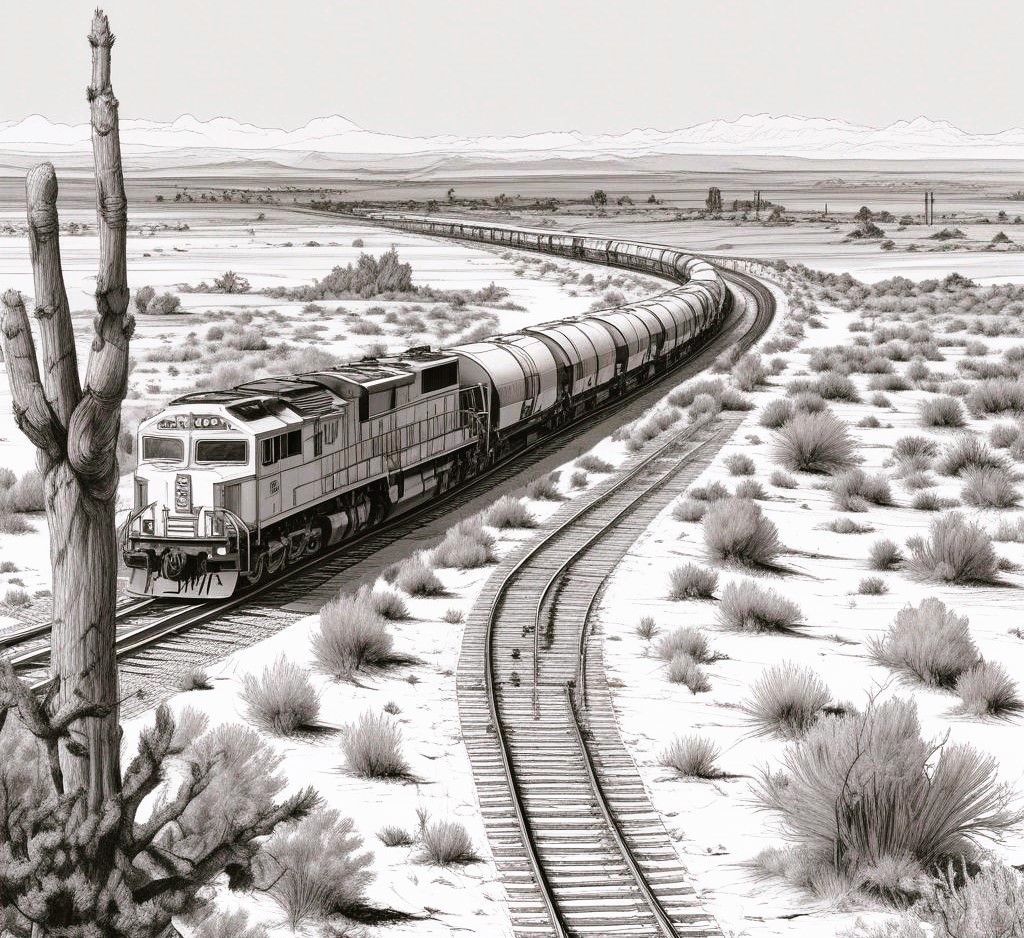 A train is going down train tracks in the desert