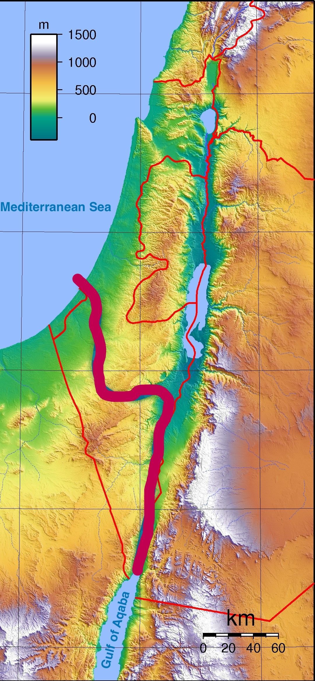 A map of the middle east with a red line going through it