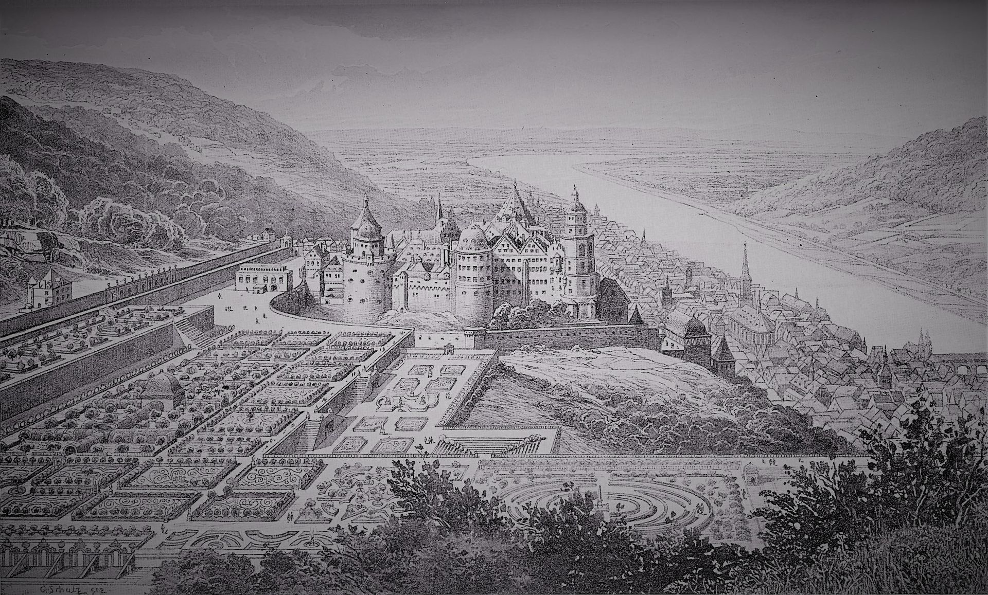 A black and white photo of a city with a river in the background.