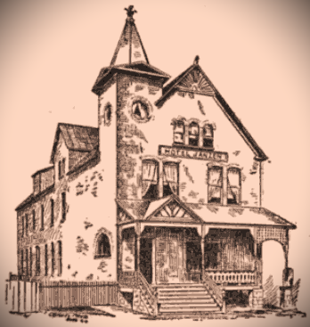A drawing of a house with a clock on the top