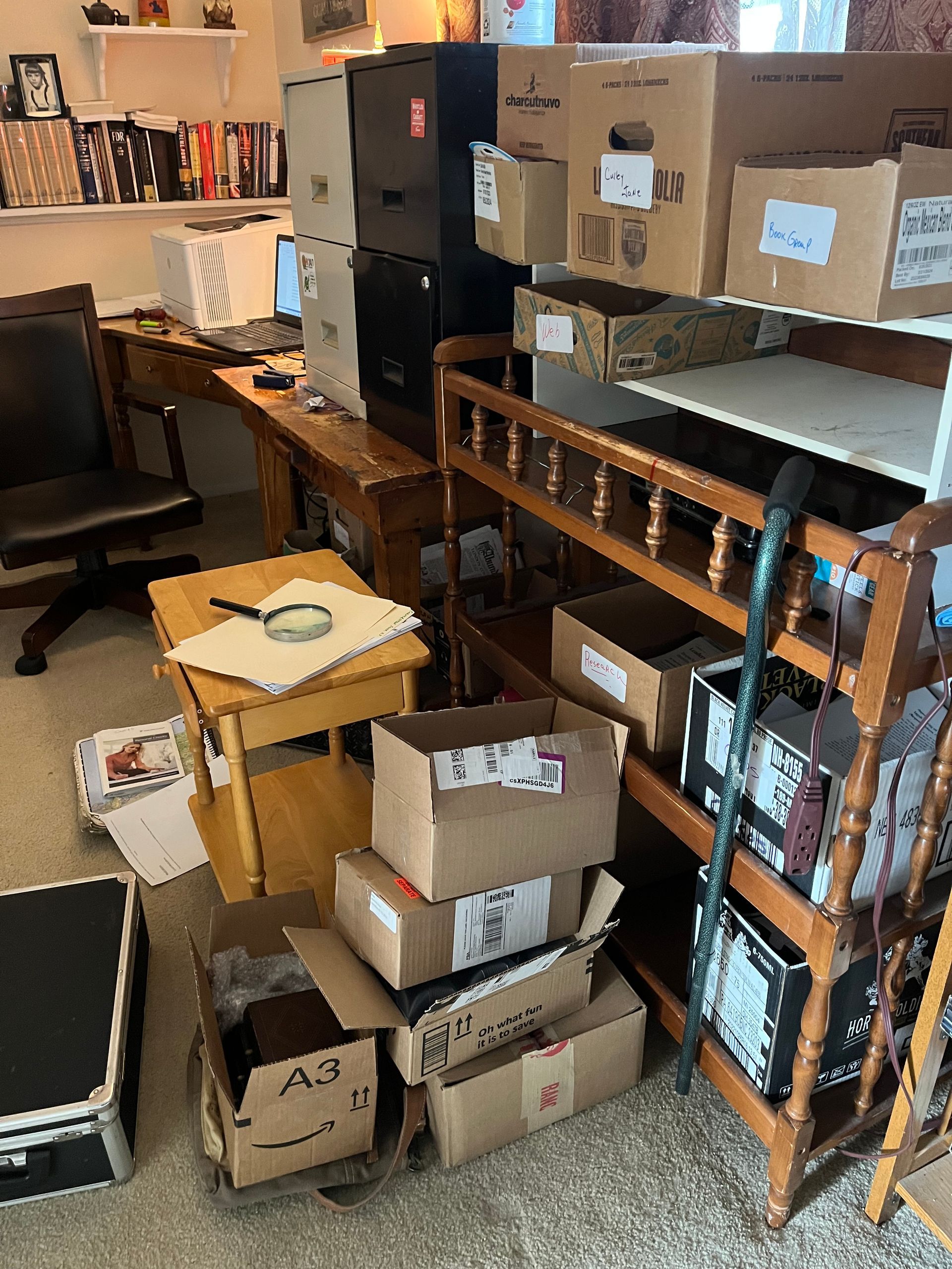 A room filled with lots of boxes and shelves.