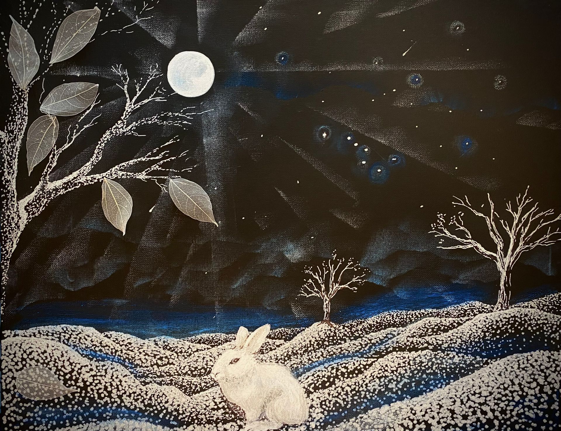 A black and white painting of a rabbit under a full moon