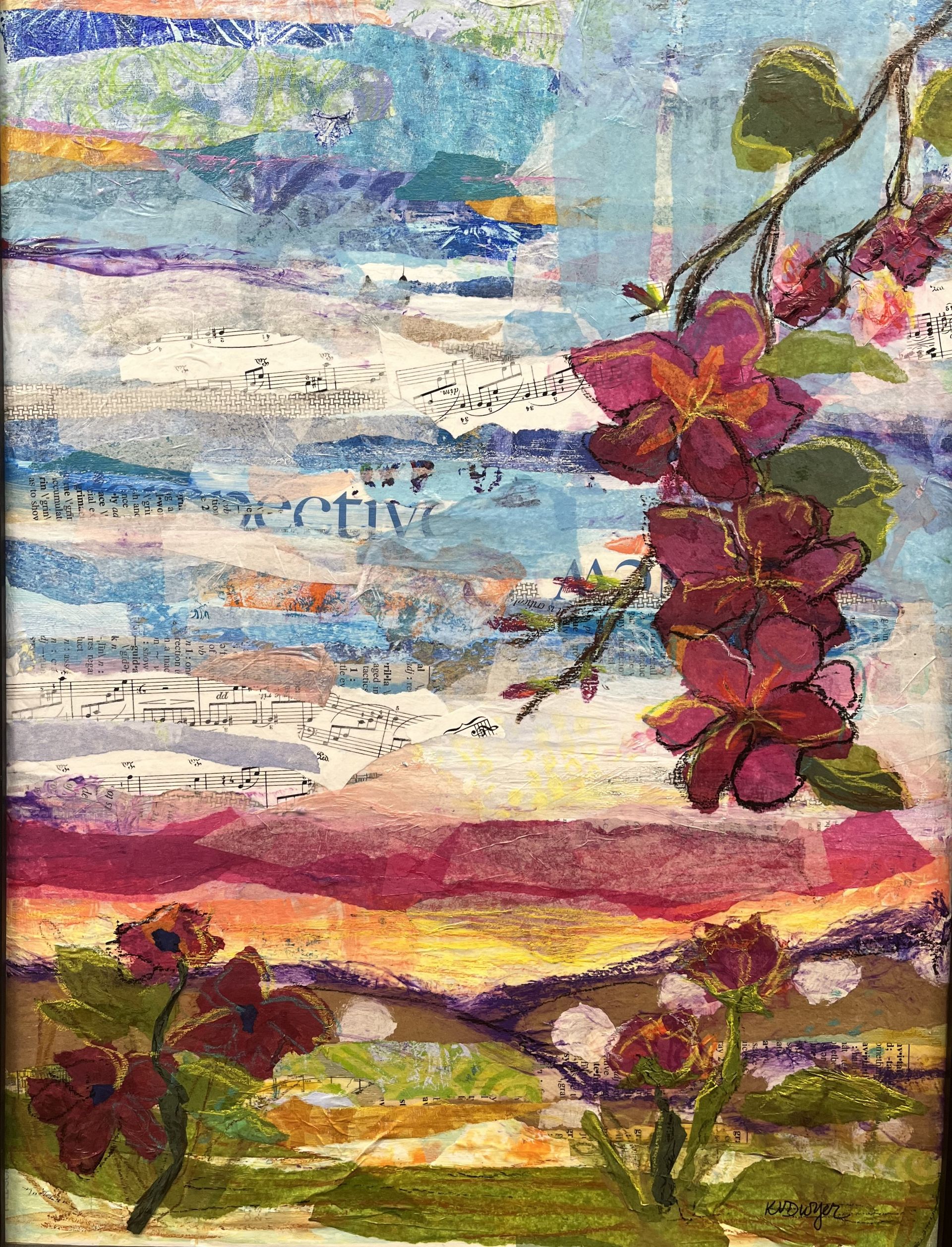 A painting of flowers on a tree branch with a blue sky in the background.
