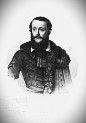 A black and white drawing of a man with a beard and mustache.