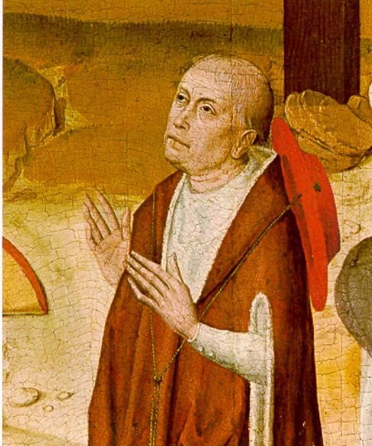 A painting of a man in a red robe with his hands folded
