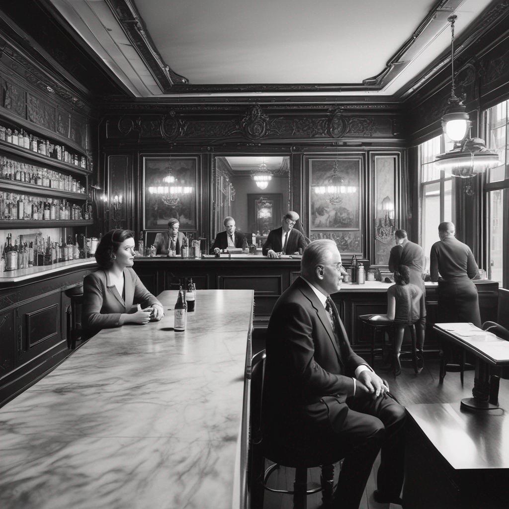 A black and white photo of people sitting at tables in a restaurant