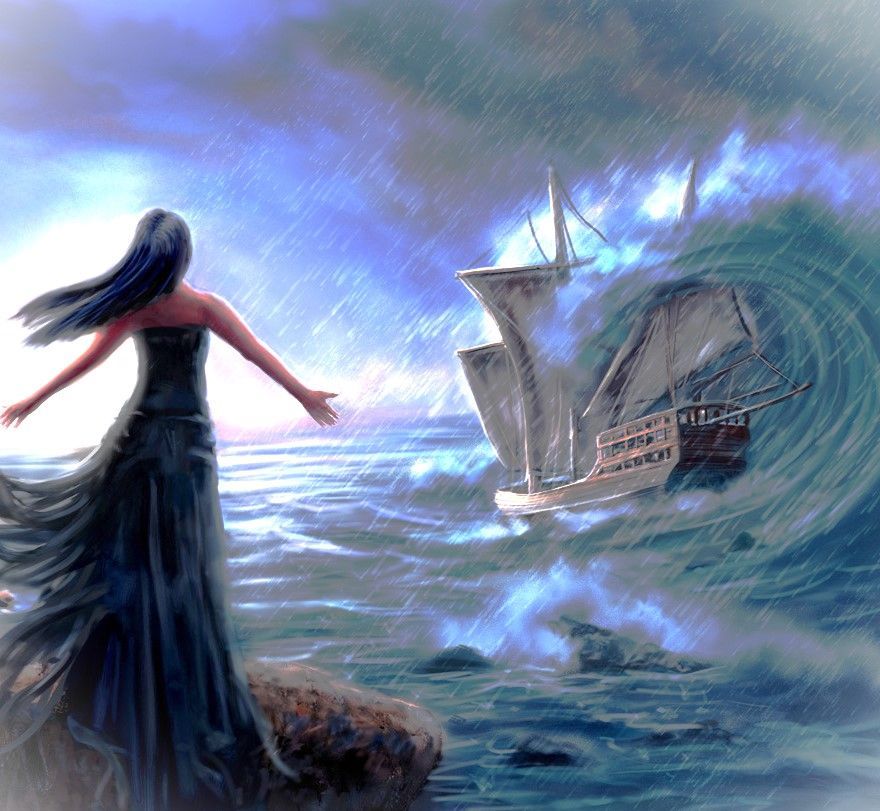 A woman in a black dress is standing in front of a ship in the ocean