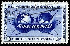 A postage stamp from the united states that says atoms for peace.