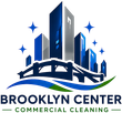 Brooklyn Center Commercial Cleaning logo with modern skyline, bridge design, and sparkling accents representing professional janitorial services in Brooklyn Center, MN