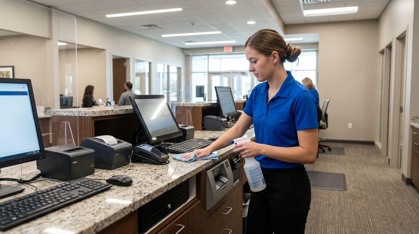Cleaner and disinfecting bank teller counter and transaction area in financial institution in Brooklyn Center, MN