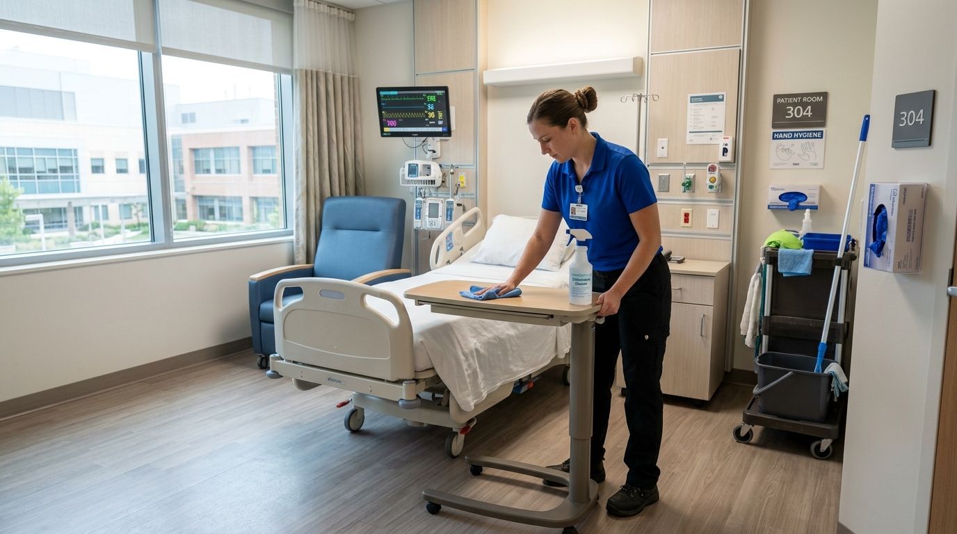 Cleaner sanitizing overbed table in patient room in healthcare facility in Coon Rapids, MN