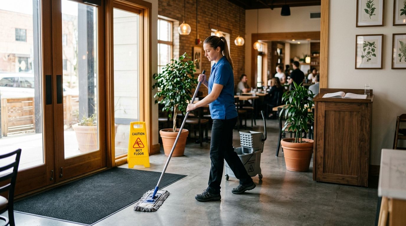 Cleaner mopping restaurant entryway floor near glass doors in commercial dining space in Brooklyn Center, MN