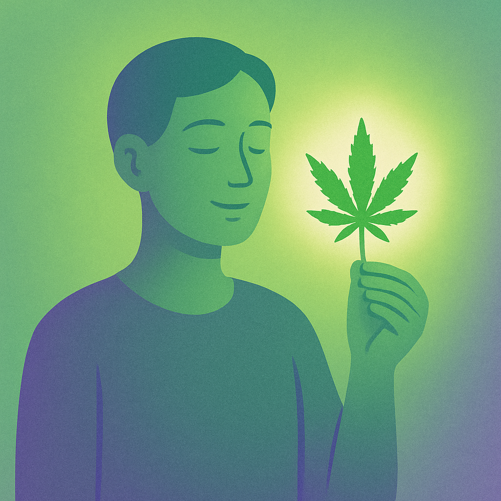 Illustration of a peaceful person holding a glowing cannabis leaf with eyes closed, set against a green background.