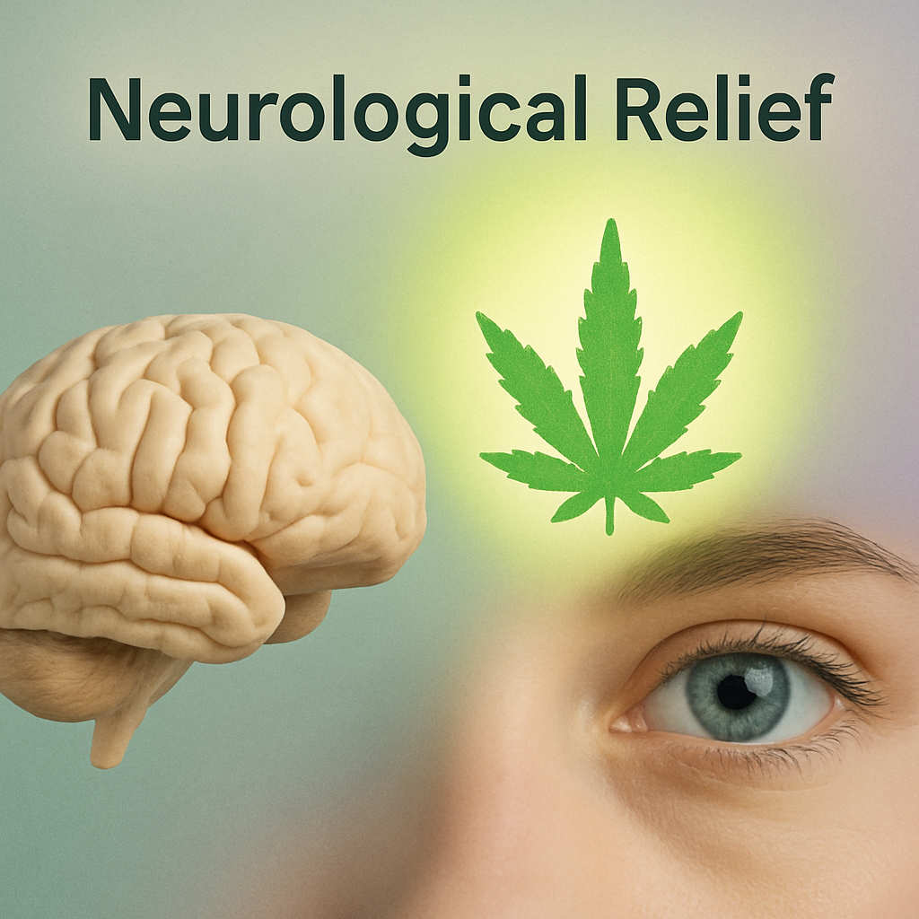 Brain and cannabis leaf above person's forehead with text reading “Neurological Relief”