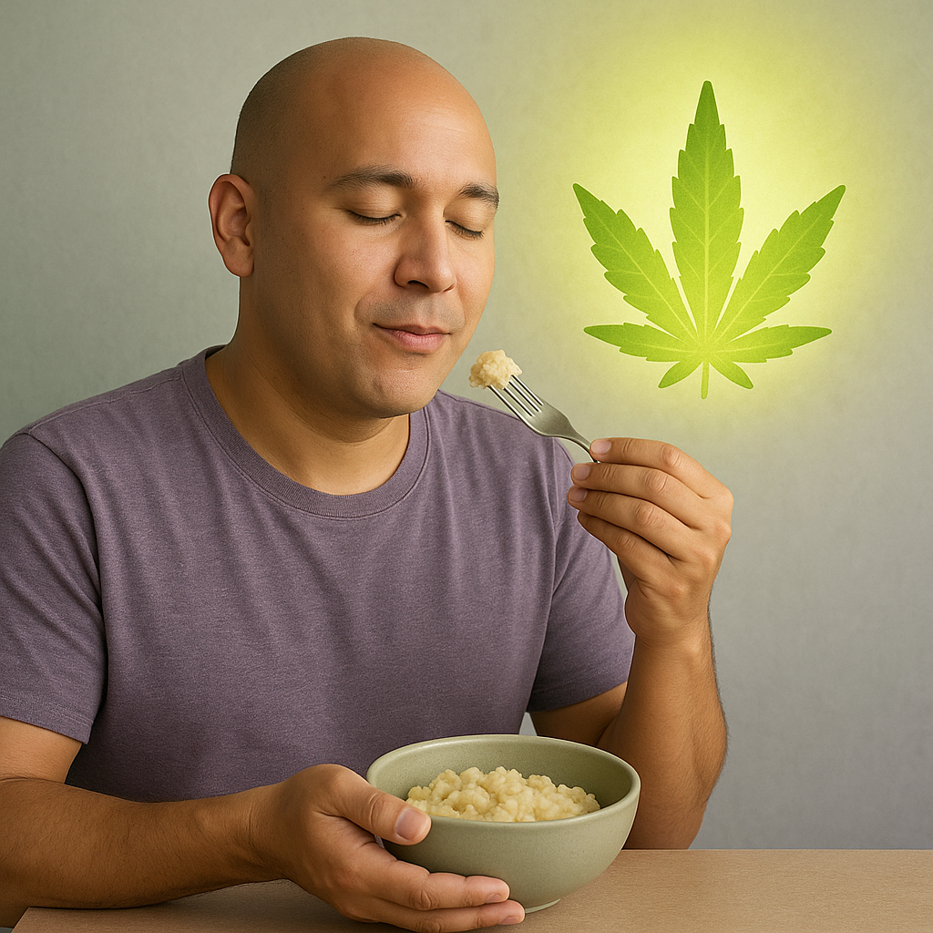 Man enjoying a bowl of food with glowing cannabis leaf symbolizing infused edibles