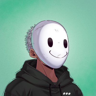 Cartoon character wearing white smiling mask and black hoodie on green background