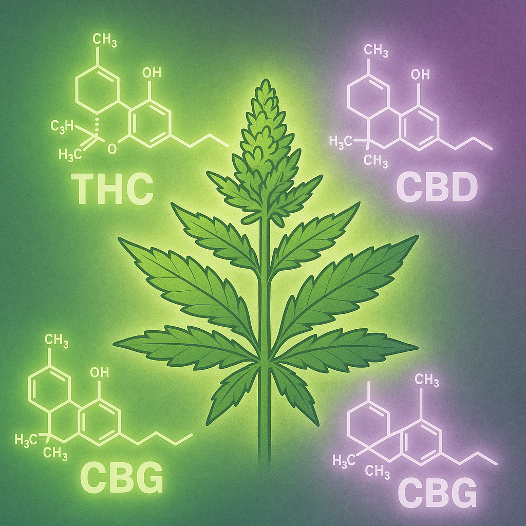 Cannabis plant illustration surrounded by THC, CBD, and CBG molecular structures on a glowing background