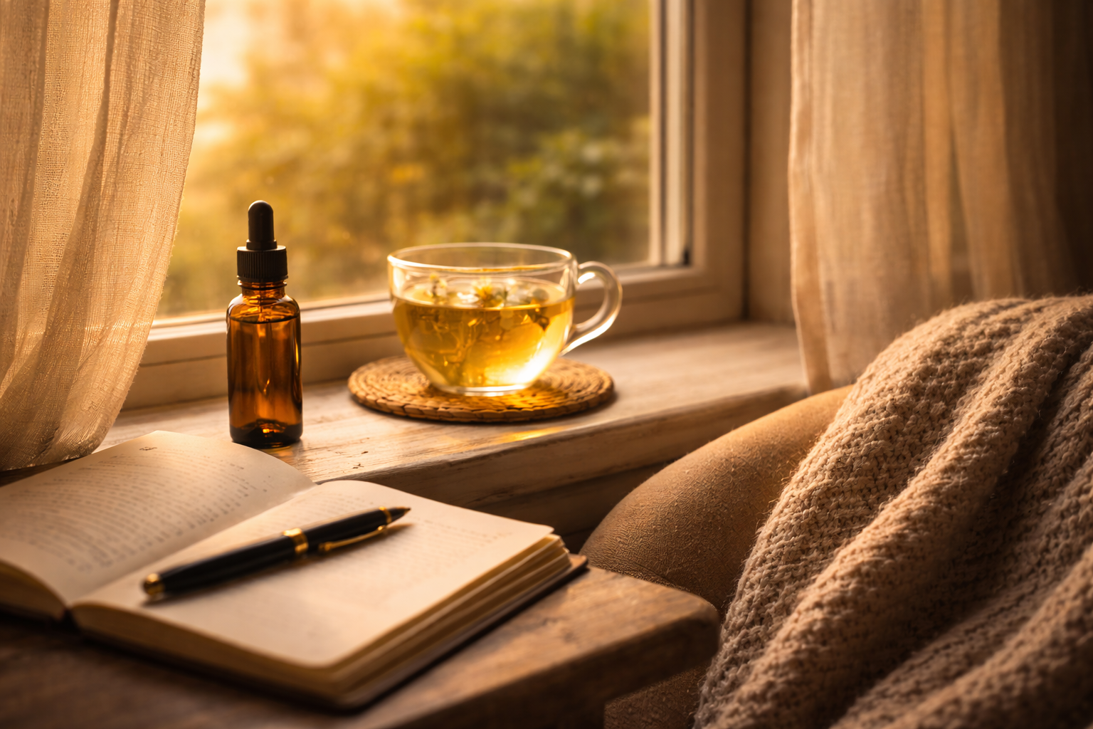 Calm window scene in soft morning light with a CBD tincture bottle and tea on the windowsill