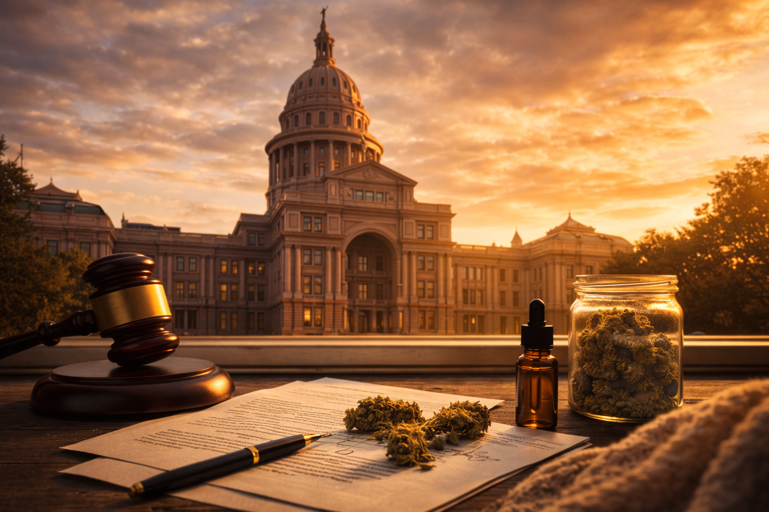 Texas state capitol building at golden hour with hemp products and legal documents on the steps