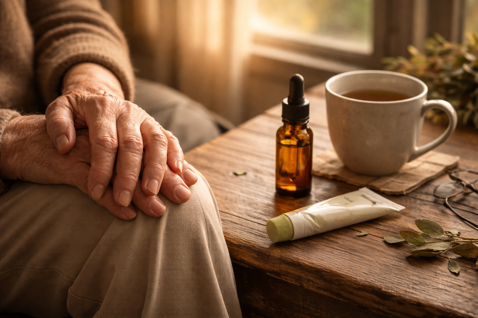 Close-up of hands resting on a knee with a CBD tincture bottle and heating pad on a wooden table