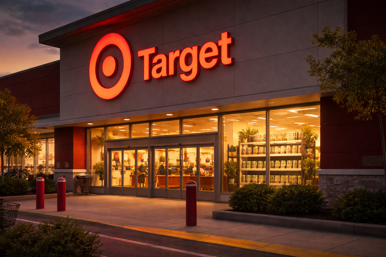 Target retail store exterior at dusk with hemp product displays visible through glass entrance
