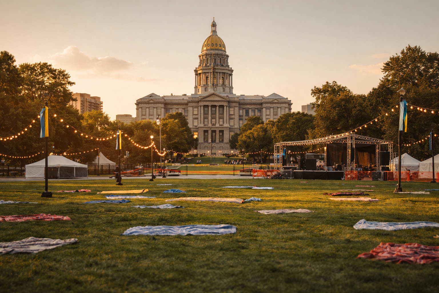Denver Civic Center Park at golden hour with crowds gathering for an outdoor music festival event